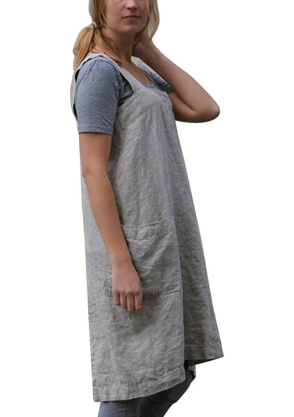 Haki Stili Xxxl Japon Pamuk Keten Önlükleri Düz Renk Çapraz Bandaj Gevşek Mutfak Pişirme Için Önlük Bahçe Koruyucu Önlük S-5xl (Yurt Dışından) modelleri