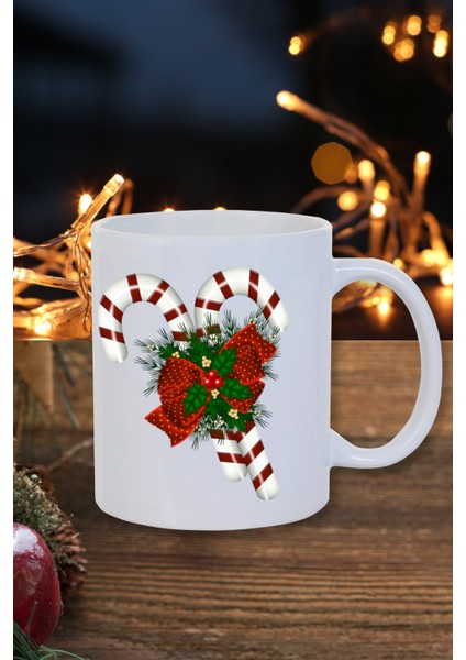 Yılbaşı Noel Temalı Noel Şekeri ve Kokina Baskılı Yeni Yıl Hediyelik Kupa Bardak-Çay-Kahve