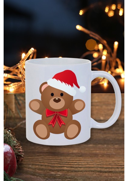 Yılbaşı Noel Temalı Kırmızı Noel Şapkalı Sevimli Ayıcık Baskılı Yeni Yıl Hediyelik Kupa Bardak-Kahve
