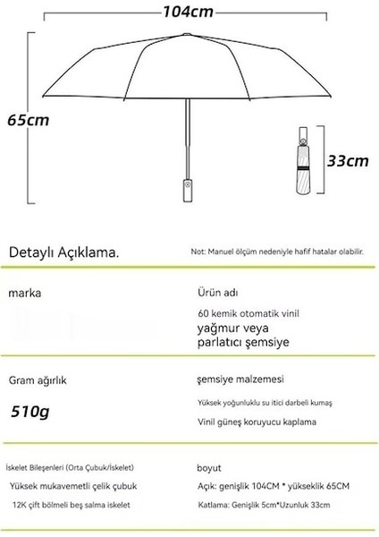 Hss 60-Bone Şemsiye Güneşli ve Yağmurlu Çift Kullanımlı Otomatik Şemsiye Rüzgara Dayanıklı ve Uv Işınlarına Dayanıklı Güçlendirilmiş Şemsiye -Siyah (Yurt Dışından)