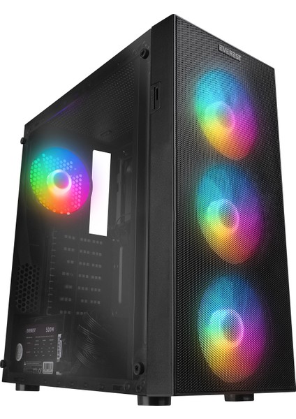 Faced V3 Mesh 500W Temperli Camlı 4X12CM Sabit Rainbow Fanlı Atx Mid-T Gaming Oyuncu Kasası