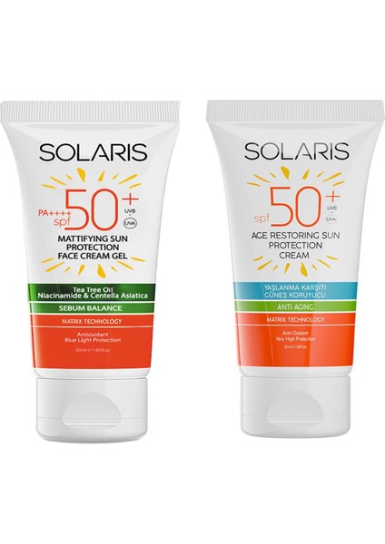 Yağlı Ciltler İçin Jel Güneş Kremi Mat Spf 50+ 50 ml ve Yaşlanma Karşıtı Güneş Kremi Spf 50+