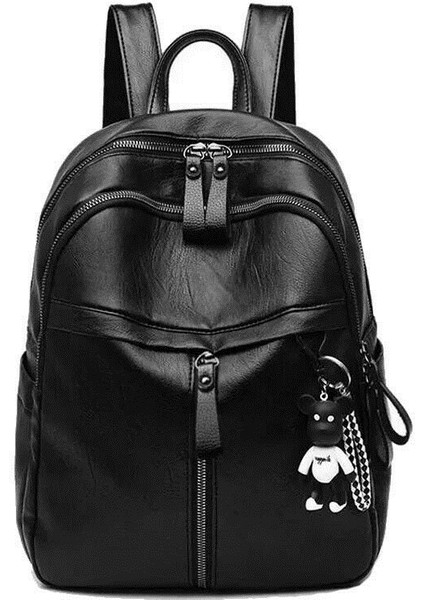 Kadınlar Katı Siyah Rahat Vahşı Sırt Çantası Kadın Büyük Kapasiteli Fermuar Kapatma Moda Sırt Çantası Çantası Ayı Kolye (Yurt Dışından)