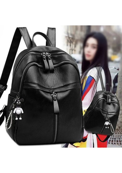 Kadınlar Katı Siyah Rahat Vahşı Sırt Çantası Kadın Büyük Kapasiteli Fermuar Kapatma Moda Sırt Çantası Çantası Ayı Kolye (Yurt Dışından) fiyatları