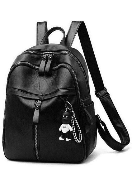 Kadınlar Katı Siyah Rahat Vahşı Sırt Çantası Kadın Büyük Kapasiteli Fermuar Kapatma Moda Sırt Çantası Çantası Ayı Kolye (Yurt Dışından) indirimleri