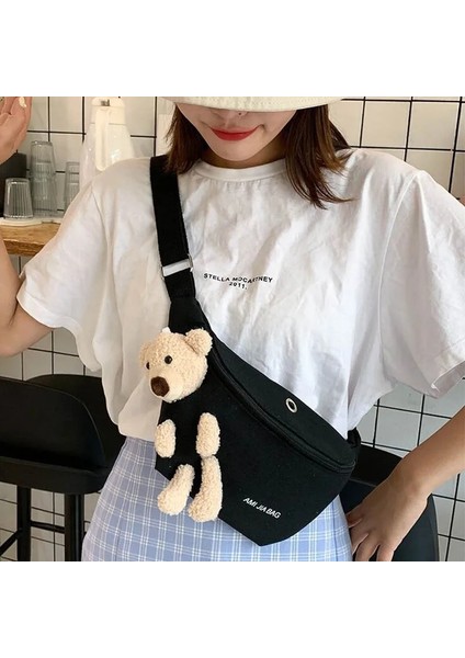 Beyaz Bel Çantası Stili Kadının Çantası Kanvas Bel Çantası Artoon Teddy Bear Sevimli Moda Crossbody Göğüs Cag Outdoor Kız Çantası Fanny Packs Kemer Bel Ba (Yurt Dışından)