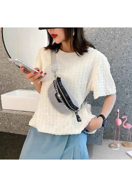 Siyah Stil Moda Rhinestone Fanny Göğüs Paketi Kadınlar Için Zincir Fermuar Bel Telefon Kemeri Pouy Bayanlar Crossbody Omuz Çantaları (Yurt Dışından)