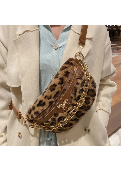 Leopar Tarzı Lüks Zincir Bel Çantası Kadın Yünlü Kumaş Fanny Paketi Moda Göğüs Paketi Mini Kadın Kemer Çantaları Kadın Omuz Crossbody Çanta (Yurt Dışından)