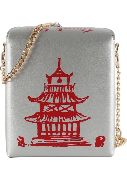 Gümüş Tarzı Trendy Deri Crossbody Çanta Çin Tarzı Kule Binaları Kutu Şekli Mektup Baskılı Omuz Çantası Bayanlar Için Zincir Askılı (Yurt Dışından)