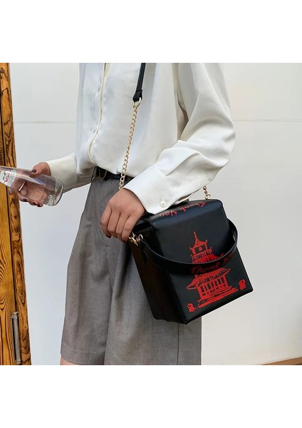 Gümüş Tarzı Trendy Deri Crossbody Çanta Çin Tarzı Kule Binaları Kutu Şekli Mektup Baskılı Omuz Çantası Bayanlar Için Zincir Askılı (Yurt Dışından)