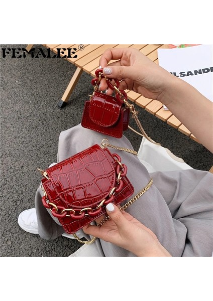 Kırmızı Stil Büyük 13X6X11CM Vintage Süper Mini Taş Desen Çanta Akrilik Zincir Kadın Crossbody Çanta Kadın Ins Sıcak Mini Timsah Sikke Ruj Çantalar (Yurt Dışından)
