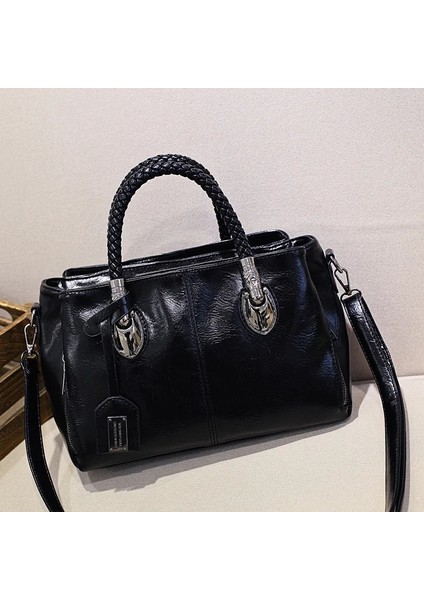 Siyah Stil 30X14X20CM Kadınlar Için Vintage Boston Çantaları Postacı Çantaları Kadın Omuz Çantaları Tote Moda Yağ Balmumu Deri Çantalar Günlük Crossbody Çantalar (Yurt Dışından)
