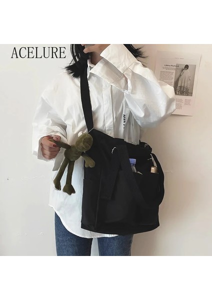 Siyah Kurbağa Stili 2022 Kadın Crossbody Kadın Çanta Alışveriş Basit Moda Fermuar Çanta Omuz Su Geçirmez Büyük Kapasiteli Bez Çantalar (Yurt Dışından)