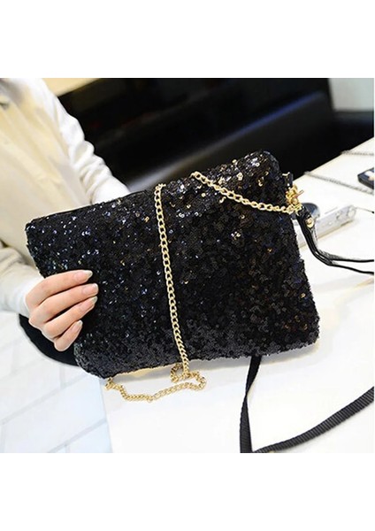 Siyah Stil Kadın Omuz Crossbody Çanta Glitter Pullu Çanta Lüks Köpüklü Akşam Zarf Debriyaj Çanta Parti Cüzdan Bayanlar Bez Çanta (Yurt Dışından)
