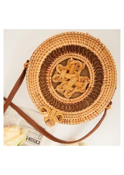 ZHONGJIRQUAN20X8CM Tarzı Bali Adası El Dokuma Çanta Yuvarlak Çanta Tokası Rattan Hasır Çanta Satchel Rüzgar Bohemia Plaj Daire Çanta (Yurt Dışından)