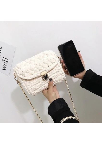 Kensen Shop Beyaz Stil Kadın Çanta Kumaş Tığ Dokuma Çanta El Yapımı Dokuma Zincir Kilit Kadın Crossbody Tek Küçük Bayan Omuz Çantası Yeni (Yurt Dışından)