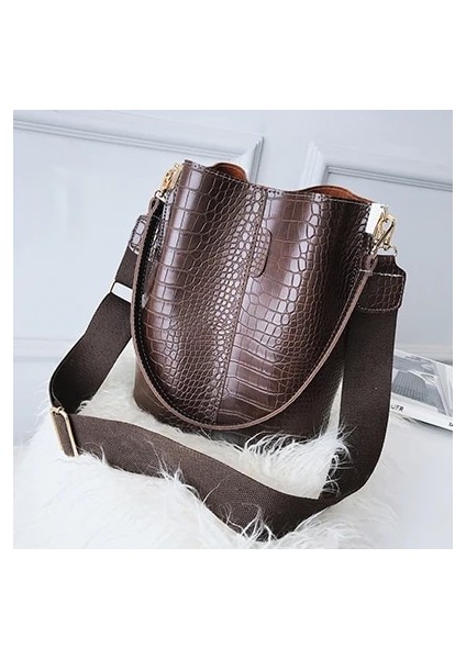 Coofer Tarzı 26CMX28CMX16CM Vintage Kadın Crossbody Çanta Yeni Omuz Çantası Moda Çanta ve Çantalar Deri Taş Desen Fermuarlı Kova Çantalar (Yurt Dışından)