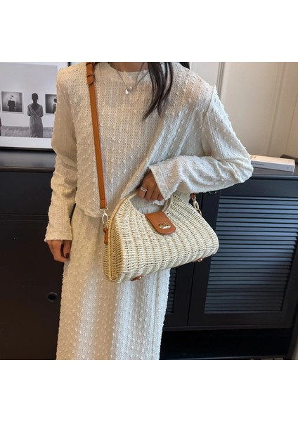 Kensen Shop Bej Tarzı Kadın Crossbody Çanta Yaz Dokuma Kabuk Üst Saplı Çanta El Yapımı Moda Tatil Rahat Basit Zarif Bayan Hasır Çanta (Yurt Dışından)