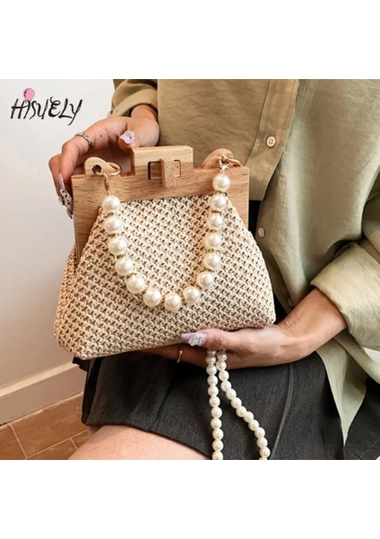 Bej Tarzı 21X9X16CM Womeummer Için Moda Örgü Hasır Omuz Çantaları Ahşap Üst Kolu Klip Çanta Lüks Tasarım Çanta Trend Kadın Çanta (Yurt Dışından)