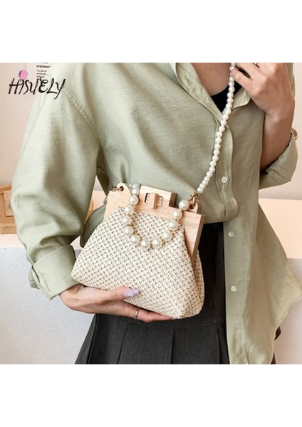 Bej Tarzı 21X9X16CM Womeummer Için Moda Örgü Hasır Omuz Çantaları Ahşap Üst Kolu Klip Çanta Lüks Tasarım Çanta Trend Kadın Çanta (Yurt Dışından)