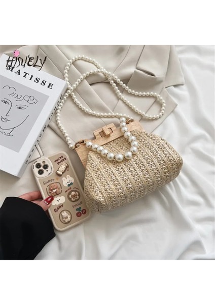 Bej Tarzı 21X9X16CM Womeummer Için Moda Örgü Hasır Omuz Çantaları Ahşap Üst Kolu Klip Çanta Lüks Tasarım Çanta Trend Kadın Çanta (Yurt Dışından)