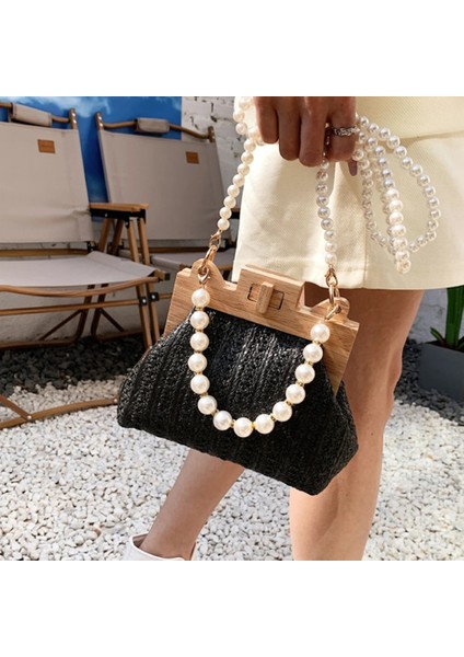 Siyah Stil 21X9X16CM Womeummer Için Moda Örgü Hasır Omuz Çantası Ahşap Üst Kolu Klip Çanta Lüks Tasarım Çanta Trend Kadın Çanta (Yurt Dışından)