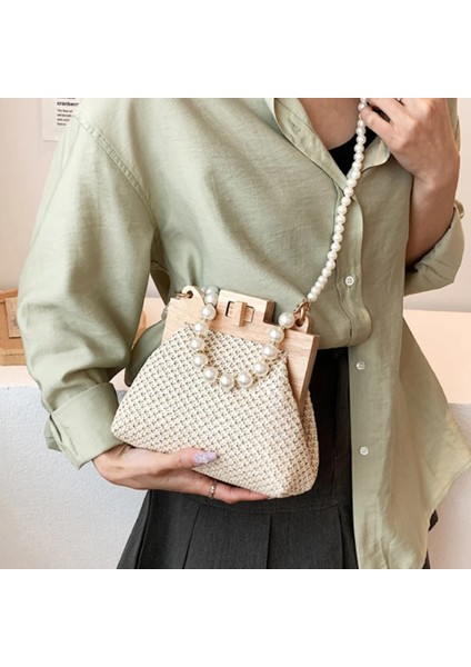 Siyah Stil 21X9X16CM Womeummer Için Moda Örgü Hasır Omuz Çantası Ahşap Üst Kolu Klip Çanta Lüks Tasarım Çanta Trend Kadın Çanta (Yurt Dışından)
