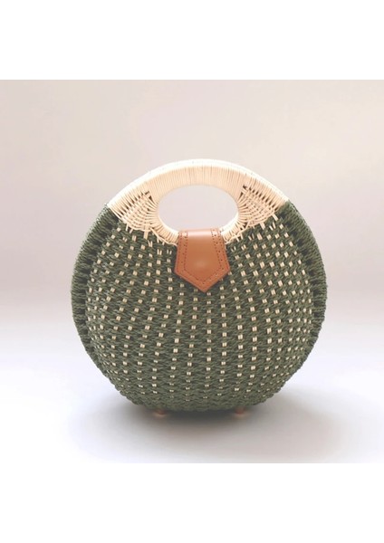 Yeşil Stil Tatil Kabuk Çanta Kişilik Sevimli Rattan Çanta Rahat Küçük Yuvarlak Tote Dokuma Kadın Moda Plaj Çantası (Yurt Dışından)