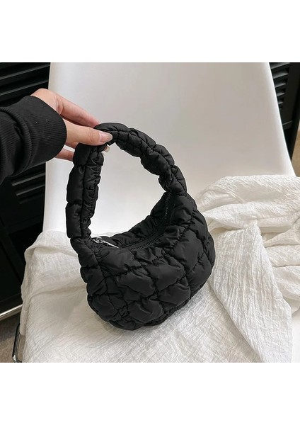 Siyah Stil 20X5X15CM Şeker Renk Kadın Küçük Çanta Kapitone Ekose Naylon Pamuk Üst-Kollu Mini Bulut Çanta Trend Sevimli Kısa Saplı Tote Bayanlar Debriyaj (Yurt Dışından)