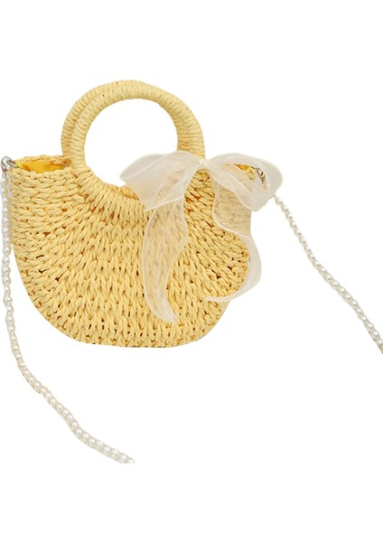 Sarı Stil Yeni Kadın Hasır Çanta Saman Örgü Şerit Ilmek Dekor Rahat Tarzı Tote Inci Omuz Askısı ile Crossbody Çanta (Yurt Dışından)
