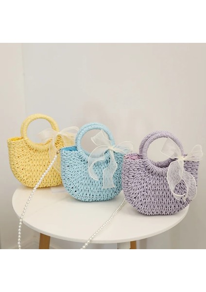 Sarı Stil Yeni Kadın Hasır Çanta Saman Örgü Şerit Ilmek Dekor Rahat Tarzı Tote Inci Omuz Askısı ile Crossbody Çanta (Yurt Dışından) modelleri