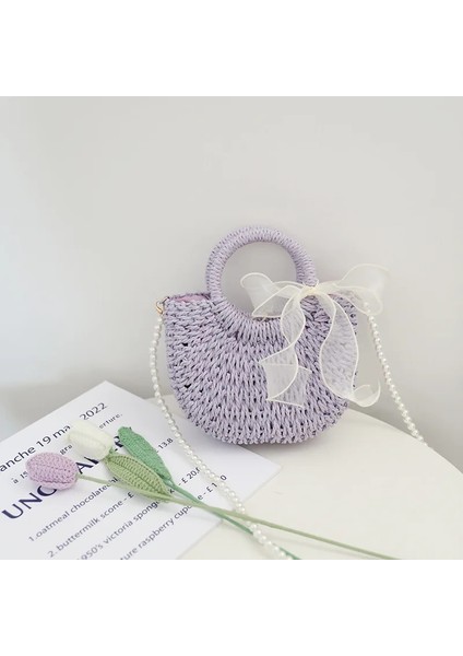 Sarı Stil Yeni Kadın Hasır Çanta Saman Örgü Şerit Ilmek Dekor Rahat Tarzı Tote Inci Omuz Askısı ile Crossbody Çanta (Yurt Dışından) fırsatları