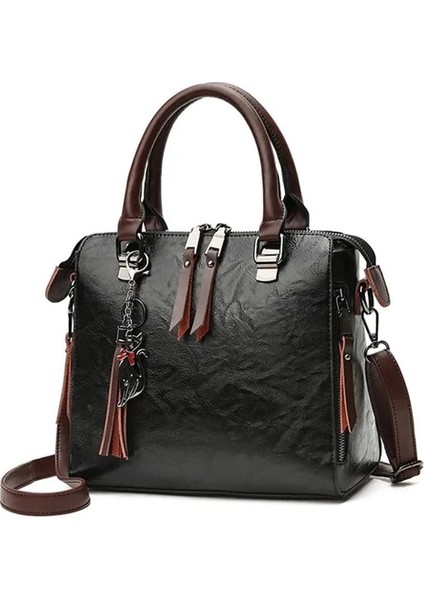 Siyah Stil 24X13X23CM Vintage Kedi Püskül Lüks Çanta Kadın Çanta Çift Fermuarlı Crossbody Çanta Omuzdan Askili Çanta Rahat Kabuk Tote Bayan (Yurt Dışından)