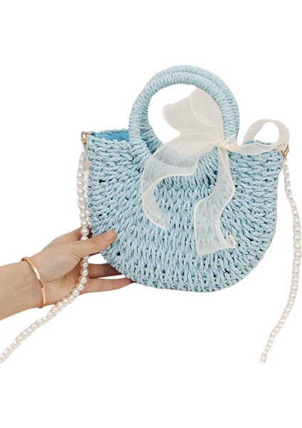 Mavi Stil Yeni Kadın Hasır Çanta Saman Örgü Şerit Ilmek Dekor Rahat Tarzı Tote Inci Omuz Askısı ile Crossbody Çanta (Yurt Dışından)
