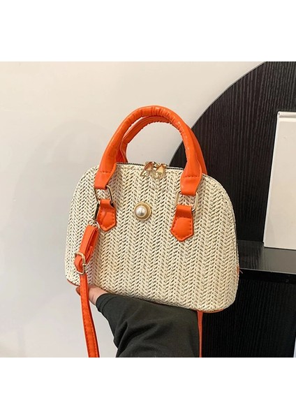 Beyaz Stil 22X9X15CM Yaz Hasır Omuz Çantaları Kadınlar Için Kabuk Şekli Crossbody Üst-Kollu Çanta Dokuma Çanta (Yurt Dışından)