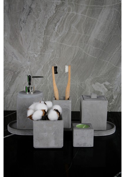 7 Parça Mermer Desenli Beton Banyo Seti Sıvı Sabunluk Diş Fırçalık Pamukluk Saksı Mumluk
