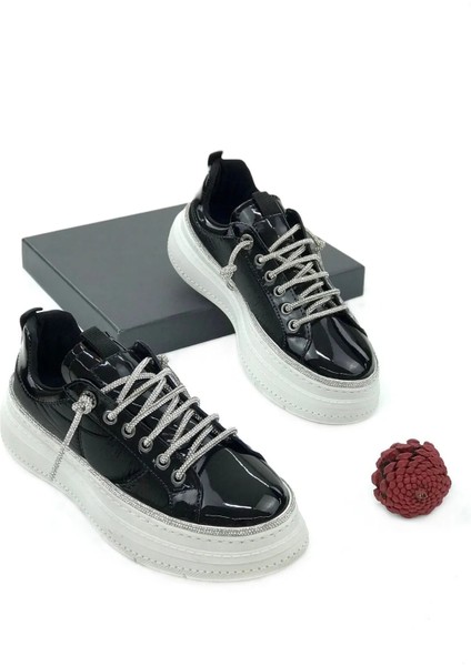 (Park Moda) Taş Biye Bağcıklı Günlük Kadın Spor Ayakkabı Siyah
