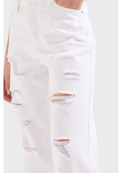 J51 Yırtık Detaylı Tapered Fit Jeans Bayan Kot Pantolon 3DYJ51 Y1HRZ 1100