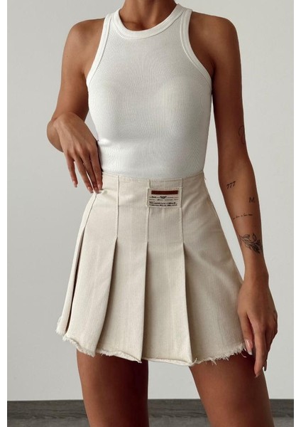 Keten Pileli Arma Detaylı Mini Etek fiyatları