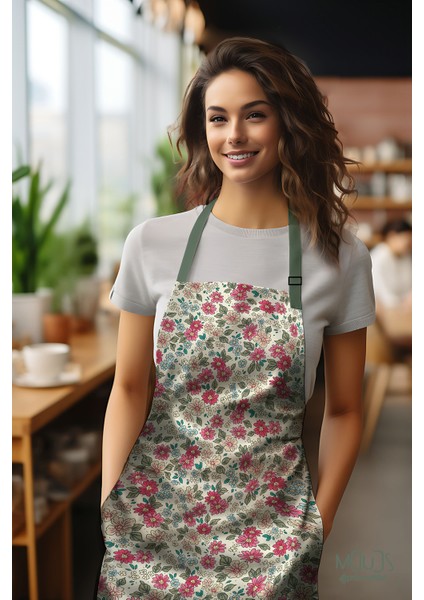 Süet Kumaş Retro Çiçek Desenli Mutfak Önlüğü, Aşçı Önlüğü, Garson Önlüğü