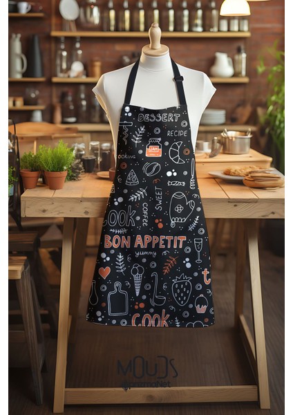 Süet Kumaş Bon Appetit Cook Desenli Mutfak Önlüğü, Aşçı Önlüğü, Garson Önlüğü
