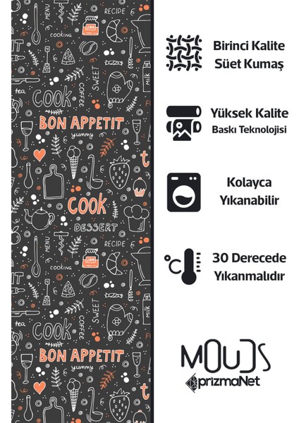 Süet Kumaş Bon Appetit Cook Desenli Mutfak Önlüğü, Aşçı Önlüğü, Garson Önlüğü