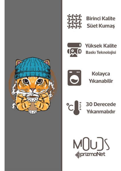 Süet Kumaş Mavi Şapkalı Kedi Desenli Mutfak Önlüğü, Aşçı Önlüğü, Garson Önlüğü
