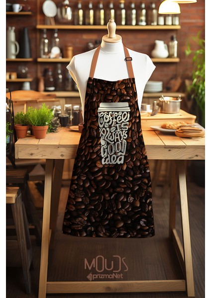 Süet Kumaş Coffee Time Desenli Mutfak Önlüğü, Aşçı Önlüğü, Garson Önlüğü