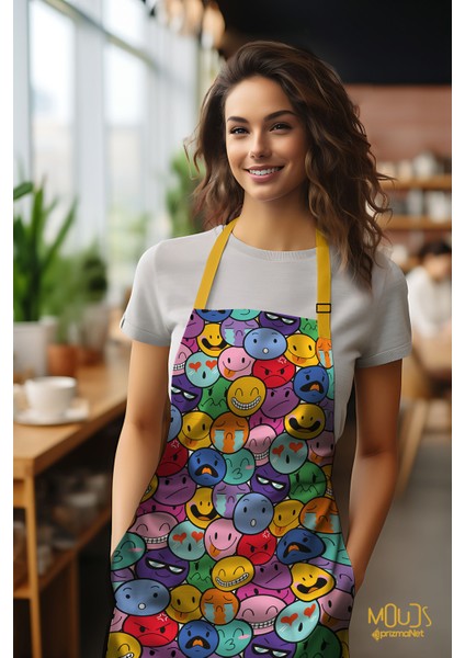 Süet Kumaş Emoji Desenli Mutfak Önlüğü, Aşçı Önlüğü, Garson Önlüğü