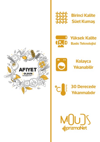 Süet Kumaş Sarı Afiyet Olsun Desenli Mutfak Önlüğü, Aşçı Önlüğü, Garson Önlüğü