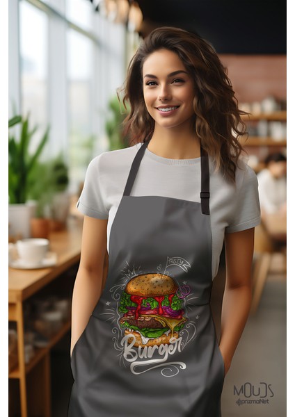 Süet Kumaş Burger Desenli Mutfak Önlüğü, Aşçı Önlüğü, Garson Önlüğü