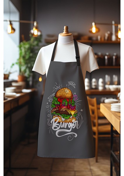 Süet Kumaş Burger Desenli Mutfak Önlüğü, Aşçı Önlüğü, Garson Önlüğü