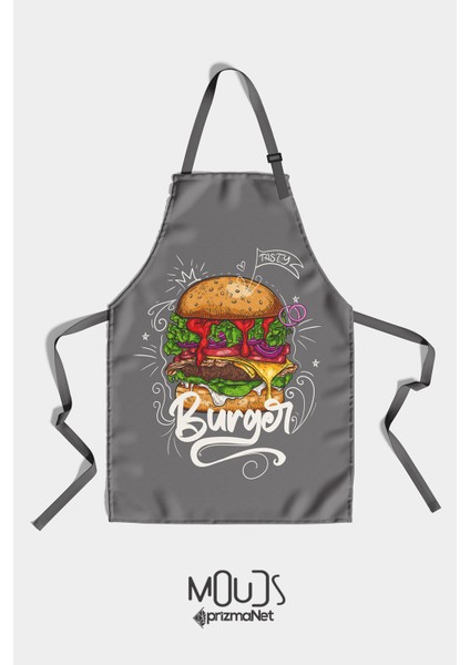 Süet Kumaş Burger Desenli Mutfak Önlüğü, Aşçı Önlüğü, Garson Önlüğü