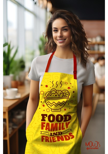 Süet Kumaş Family Food Yemek Desenli Mutfak Önlüğü, Aşçı Önlüğü, Garson Önlüğü